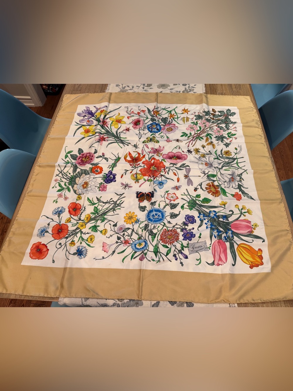 Gucci Floral Silk Scarf - Multicolor on Tan Border (preloved)